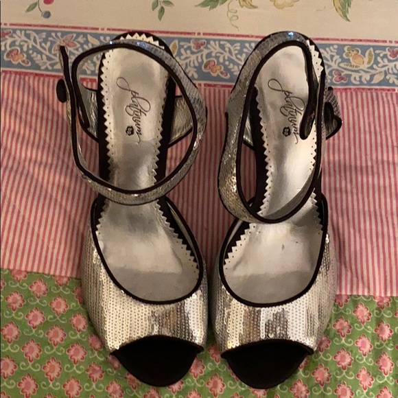 Silver Sequined Strapped Heels - Picture 1 of 5